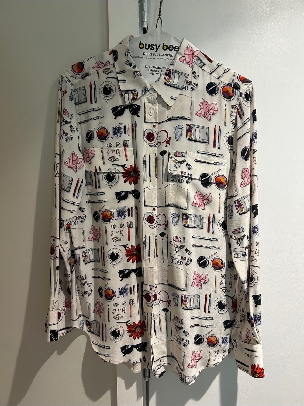 Equipment White silk Printed Long-Sleeve Button Shirt with Multicolor Motifs